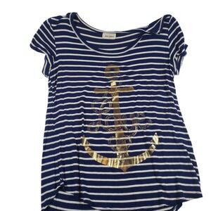 Face Kisses Women's Striped Anchor Graphic T-Shirt Navy Blue White Gold Size M‎